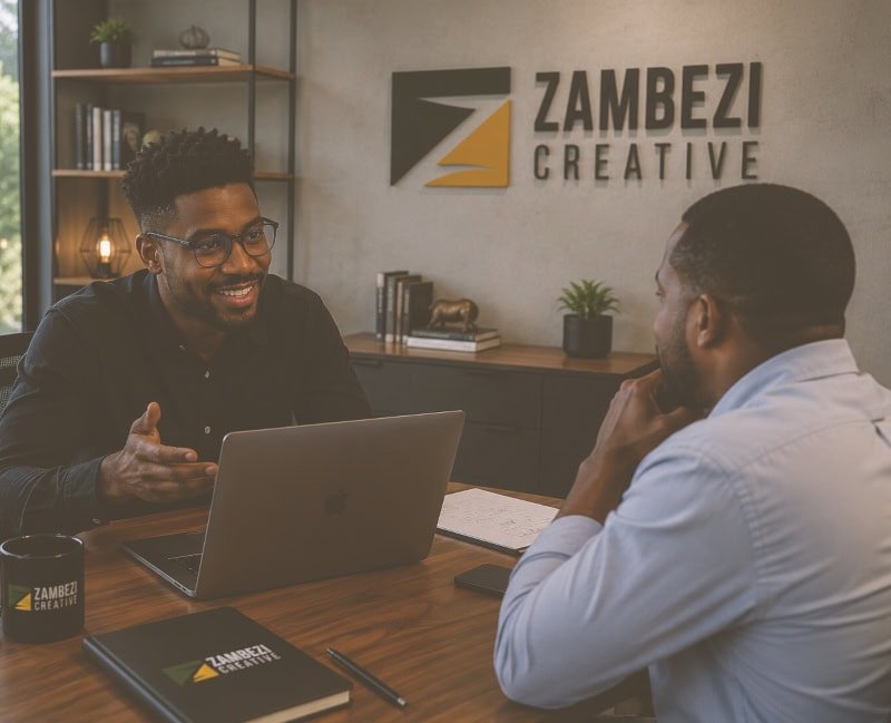 A Zambezi Creative strategist in a friendly client consultation