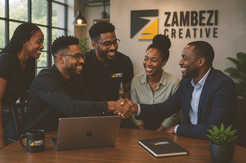 The Zambezi Creative team shaking hands with a new client